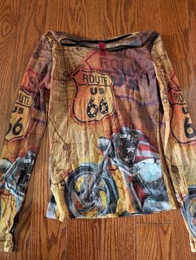 Route 66 Motorcycle Graphic Long Sleeve Top - Yellow & Orange